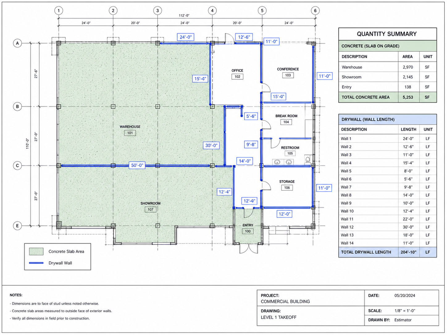 Concrete and drywall takeoff markup sample