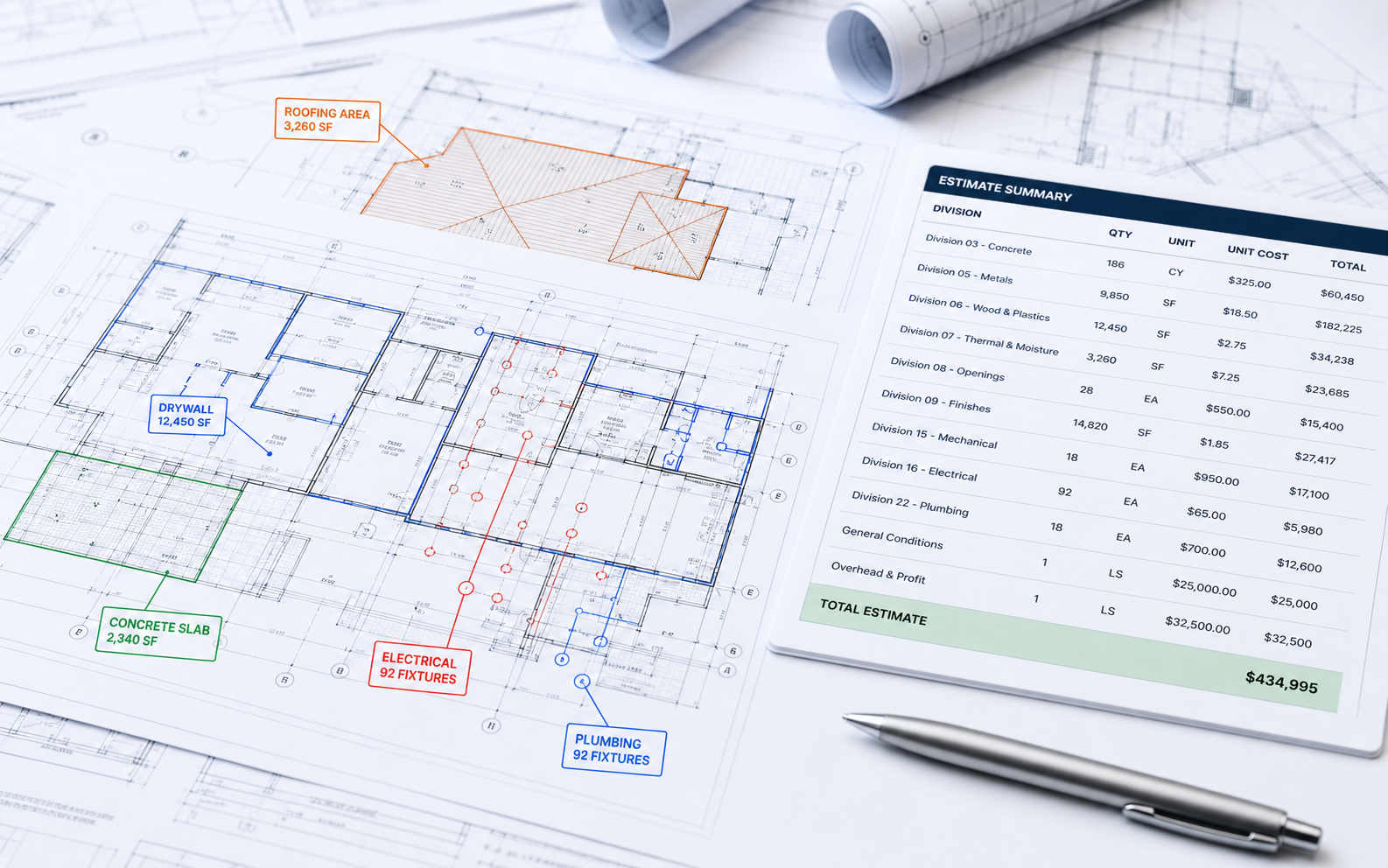 Construction blueprints with colored takeoff markups and an estimate spreadsheet