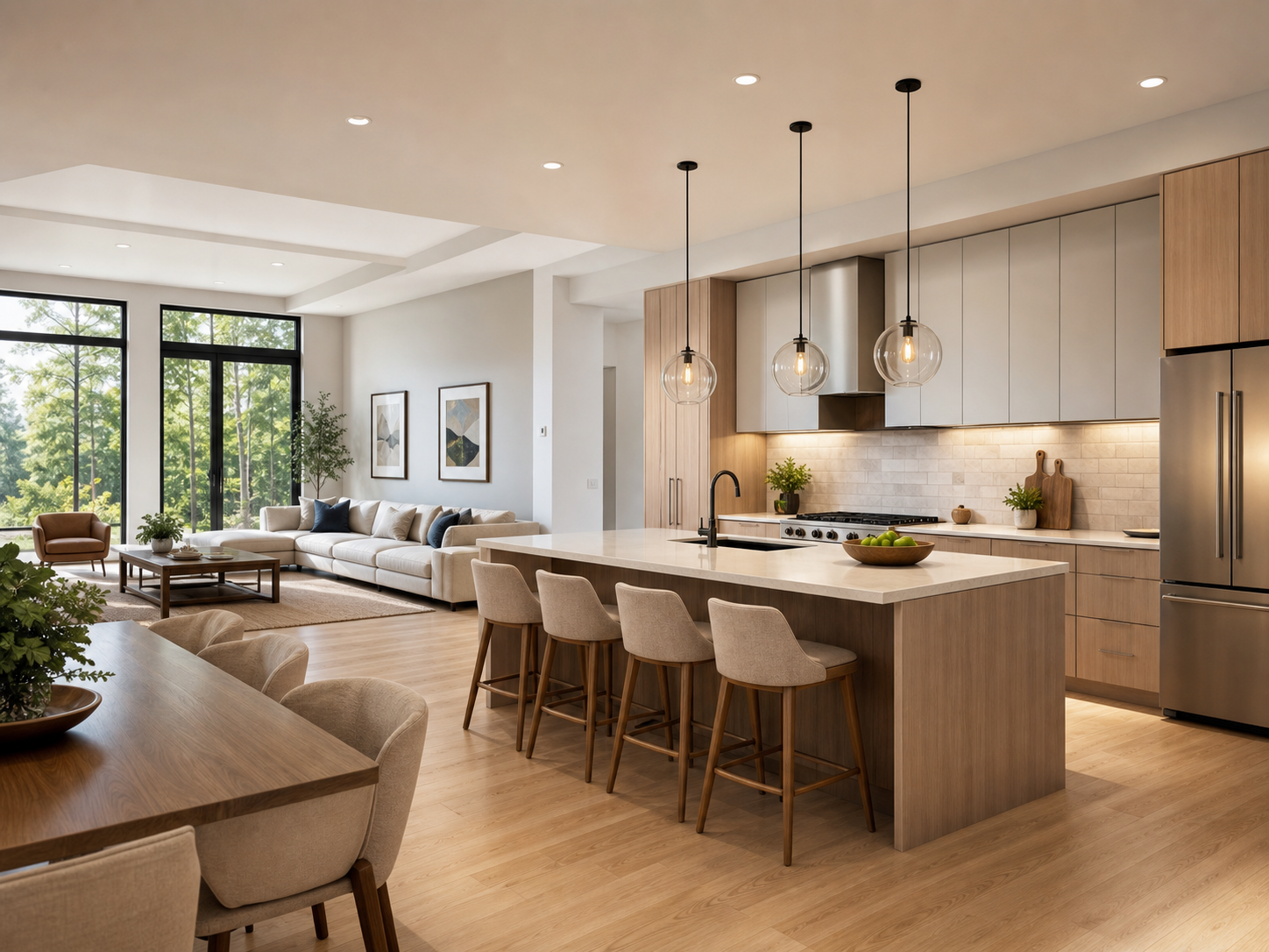 Modern kitchen and living interior rendering
